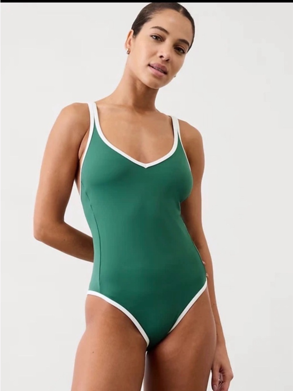 Athleta Seabreeze One Piece Swimsuit Green White Trim Size L NWOT